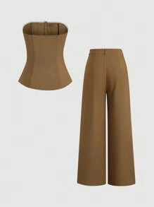 Sweetra 女式简约通勤商务修身性感前扣吊带背心和褶皱直筒裤，秋季 - 駝色 - 查看 2