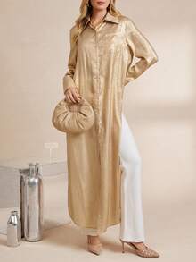 Amorya Women's Elegant Gold Shirt Collar Long Split Dress,Autumn Satin Silky Maxi Dress For Party,Gatherings,Commuting And Halloween Costume - Gold - View 6