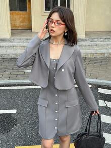 Teen Girl Casual Everyday Commute Mandarin Collar Single-Breasted Jacket And Dress Set - Grey - View 5