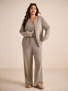 Elaquor Completo casual da donna taglie forti, composto da giacca a maniche lunghe monocolore, gilet con decorazione in metallo e pantaloni