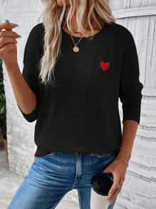 EMERY ROSE New Fashion Women Heart Print Round Neck Long Sleeve T-Shirt - Black - View 2