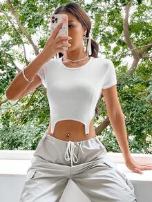SHEIN EZwear Solid Asymmetrical Hem Crop Tee - White - View 7