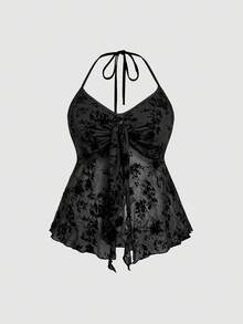 SHEIN MOD Top sexy con cuello halter y estampado floral para mujer de talla grande, color negro, perfecto para el otoño, ropa interior con cuello halter - Negro - Ver 2