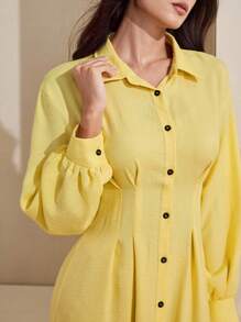 Graceveil 女式黄色腰部收紧撞色条纹设计长袖超长端庄连衣裙 - 黃色 - 查看 6