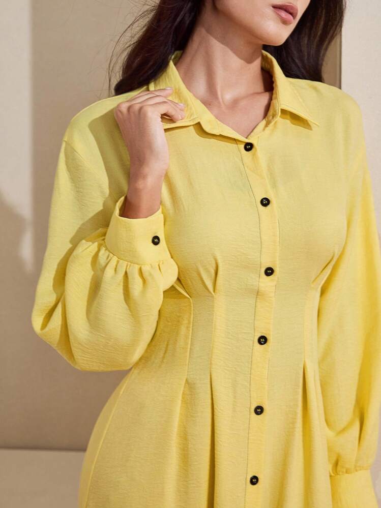 Graceveil 女式黄色腰部收紧撞色条纹设计长袖超长端庄连衣裙 - 黃色 - 查看 6