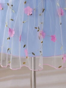 SHEIN 女孩优雅甜美可爱圆领盖袖罗纹面料腰部塑形网眼刺绣 A 字时尚公主裙，适合节日派对、旅行、夏季 - 粉色 - 查看 7