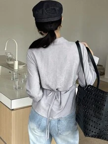 DAZY 女士纯色修身斜领褶皱长袖休闲优雅衬衫，秋冬，秋季女装 - 紫色 - 查看 2