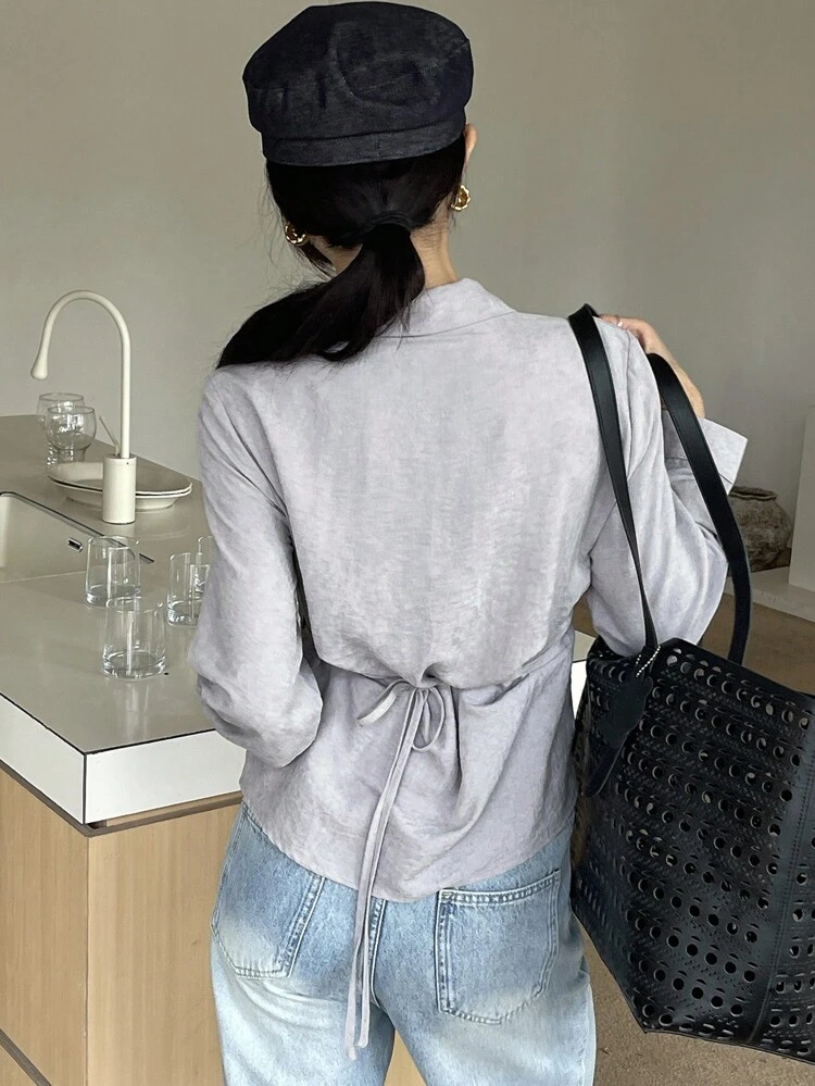 Women's Solid Color Fitted Oblique Collar Pleated Long Sleeve Casual Elegant Blouse, Autumn/Winter,Fall Women Clothes