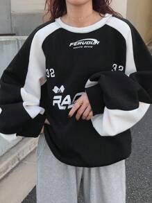 FRIFUL Women's Contrast Color Patchwork Letter Print Sweatshirt,Fall Women Clothes - Black - View 3