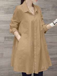 SHEIN LUNE Plus Size Plain Button Front Long Sleeve Pocket Casual Blouse, Everyday Wear Women Shirt - Khaki - View 1