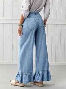 Jeans de pierna ancha con dobladillo de volantes para mujer - Lavado ligero - Ver 2