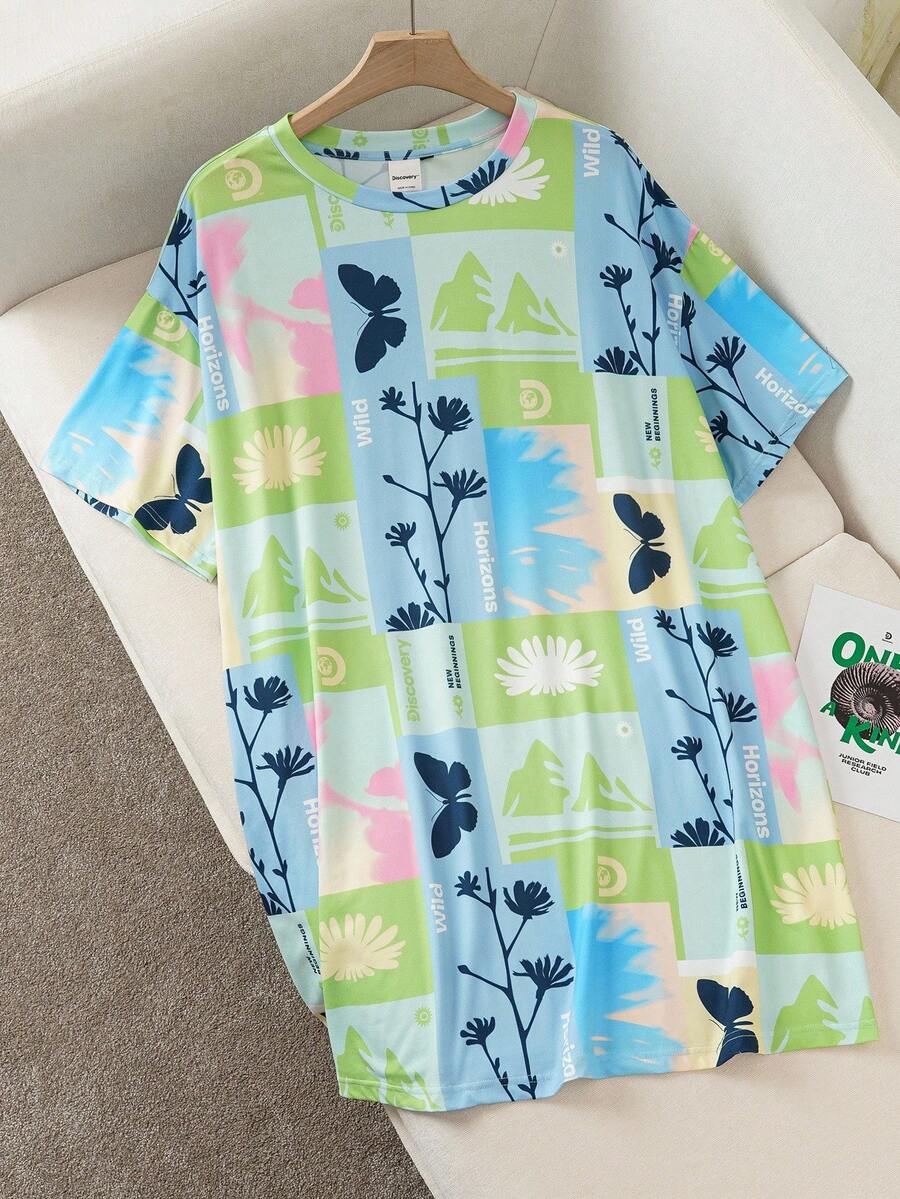 Discovery X SHEIN Plus Size Women's Summer Patchwork Floral Print Loose Sleep Dress All Women Clothes Autumn Clothes Botanical Print Sleepdress - Multicolor - View 1