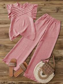 Linhara Ensemble 2 pièces grande taille, top avec col volant unicolore et pantalon à taille élastique, décontracté - Rose bonbon - Voir 1