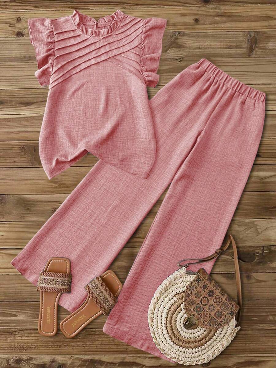 Linhara Ensemble 2 pièces grande taille, top avec col volant unicolore et pantalon à taille élastique, décontracté - Rose bonbon - Voir 1