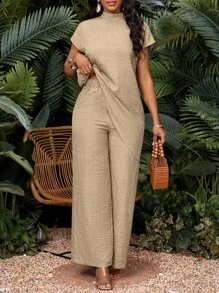 SHEIN Lady 春夏秋冬蓝色梭织立领不对称插肩袖长款短袖加大码套装 - 卡其色 - 查看 7