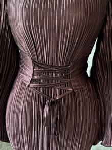 Elenzga Standard Size Solid Color Lace Up Elegant Long Sleeve Dress Fall Cloth For Women - Coffee - View 3