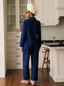 撞色条纹藏蓝色睡衣家居服套装，舒适优雅的细节设计，秋冬服装 - 藍色 - 查看 5