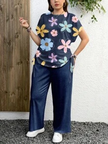 EMERY ROSE 2pcs Floral Print Faux Denim Casual Minimalist Plus Size Set, Suitable For Summer,Flower/Vacation/Spring - Multicolor - View 3