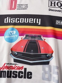 Discovery X SHEIN 男士字母条纹圆领长袖套头衫，秋季 - 杏色 - 查看 4