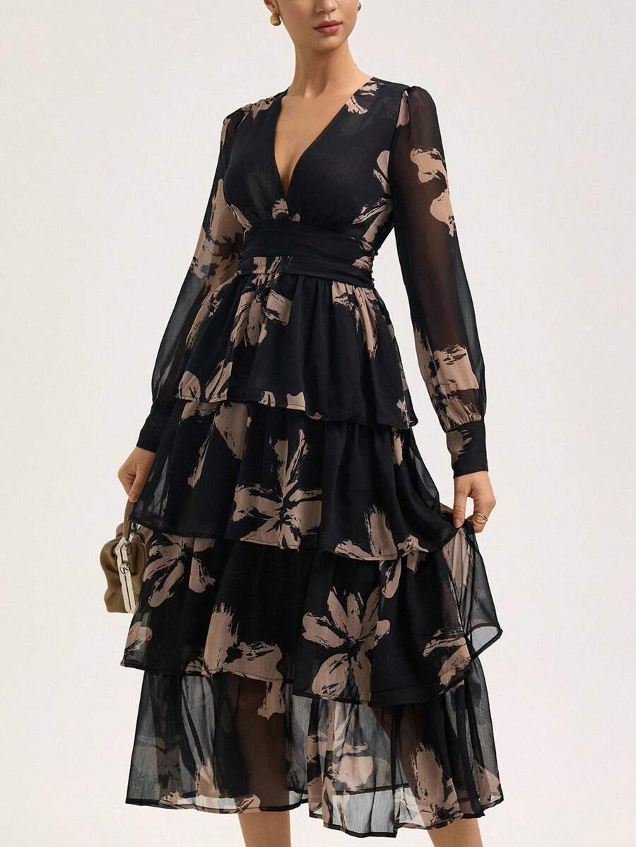 Revavyn Đầm xòe xếp tầng thanh lịch cổ chữ V tay dài in họa tiết cọ voan, họa tiết ngẫu nhiên - Nhiều màu - Xem 1