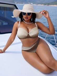 Slaydiva مجموعة بكيني للمرأة ذات الحجم الكبير 2 قطعة، بحمالات سميكة قابلة للتعديل وخصر عالي بتصميم مثلث، طبعة تدرج لون جذاب، مناسبة للعطلات والاستخدام اليومي - بني - مشاهدة 6