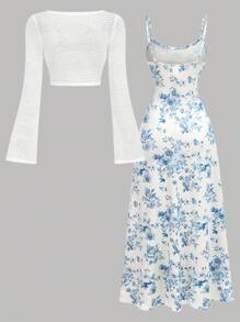 Girlism Tween Girls Jacquard Flare Sleeve Jacket & Ditsy Floral Slip Dress Co-Ord Set, Sweet Casual Elegant,Summer,Y2k,Vacation,Streetwear,Holiday,New Years - Blue and White - View 2