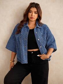 Elaquor 大码女式落肩单排扣口袋休闲宽松牛仔上衣 - 深色水洗藍 - 查看 5