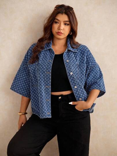 Elaquor Oversized Blue Denim Loose Top Short-Sleeved Shirt Exquisite Denim Jacquard Fabric French Casual Wear