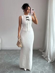 Elenzga 2pcs/Set Women Autumn/Winter Ivory Fancy Yarn Minimalist High-End Sleeveless Vest + Bodycon Maxi Skirt Knitted Sweater