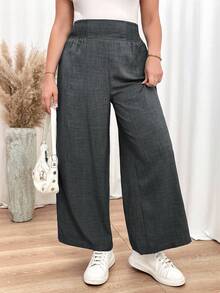 SHEIN Essnce Quần ống đứng cạp cao màu xanh dương, quần dài nữ, quần áo mùa thu, quần áo giáo viên, quần áo trở lại trường, quần ống rộng thoải mái cho nữ - Màu xám đen - Xem 6