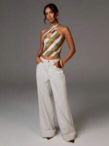 Athîral Women's Fashionable Contrast Stripe Backless Halter Top, Summer