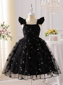 SHEIN Glamorique Kids 少女优雅吊带荷叶边袖刺绣网纱花卉装饰腰部A字公主裙，适合节日派对、生日礼物、度假、夏季穿着 - 黑色 - 查看 3