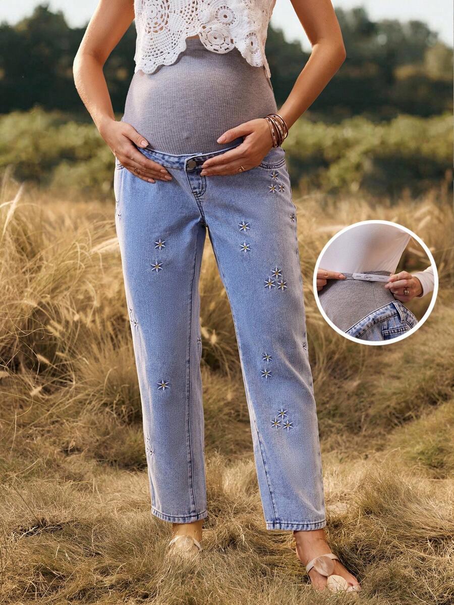 SHEIN Maternity Casual Washed Floral Embroidered Tapered Jeans - Blue - View 1
