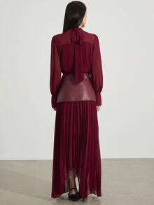 Heiryn Women's Elegant Commuter Shirt & Pleated Skirt 2 Pieces Set - Burgundy - View 3