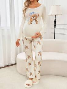 SHEIN 2pcs Maternity Comfy Bear Print Lace Patchwork Top & Pants Set Lingerie Lingerie Set Underwear Women Pajama Pajama Dress Loungewear Nightgown Robe Sleepwear Sleepwear Set Tank Top With Bra - Multicolor - View 4