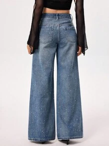 SHEIN EZwear Jeans de pierna ancha con aplicaciones de strass, estilo retro y vintage, de uso versátil y casual - Azul lavado medio - Ver 2