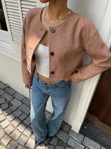 Siren Gaze Women's Solid Color Round Neck Drop Shoulder Short Jacket, New Autumn Style,Cropped Blended Overcoat, Travel Jacket, Motorcycle Wear