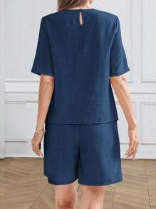 Miaspire 2pcs Women Casual Crew Neck Short Sleeve Top And Knee Length Shorts With Side Pockets Set, Suitable For Spring & Summer