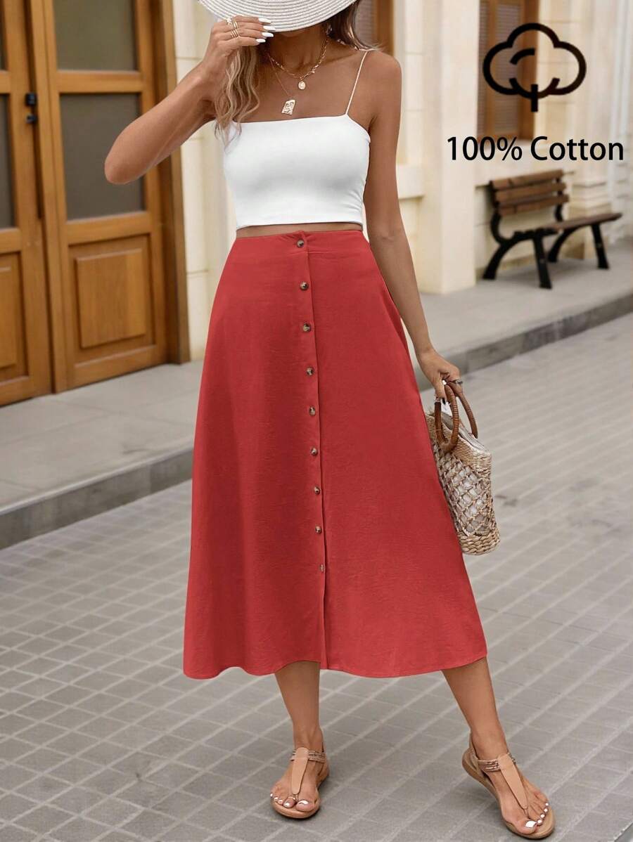 Brillora Women's Solid Color Front Button Simple Skirt, Casual Everyday Wear - Red - View 1