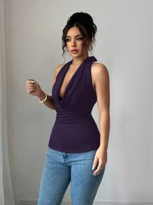 Zielony Elastic Knit Draped Neck Reversible Slim Fit T-Shirt Clothes For University - Purple - View 5