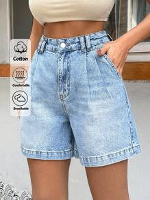 EURMUSE 100%Cotton HIGH WAIST PENS DETAILED STRAIGHT CUT SHORT - Medium Wash - View 1
