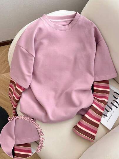 Resyla 女士二合一条纹长袖圆领T恤