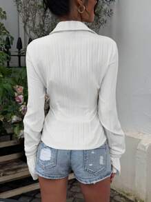 Sunnyshic White Anti-Wrinkle Striped Open Front Button Down Collar Long Sleeve Ruffle Cuff Fitted Shirt, Fashion Simple Commuter Casual Elegant Everyday Versatile Blouse For Women, Spring/Summer Fall Cloth For Women - White - View 2