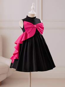 Glamorique Kids Girls' Sleeveless Elegant Dress With Ruffle Hem And Big Bow Decor,Halloween Clothes - Black - View 3