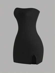 Sweetra Vestido negro sin tirantes para mujer, minivestido corto