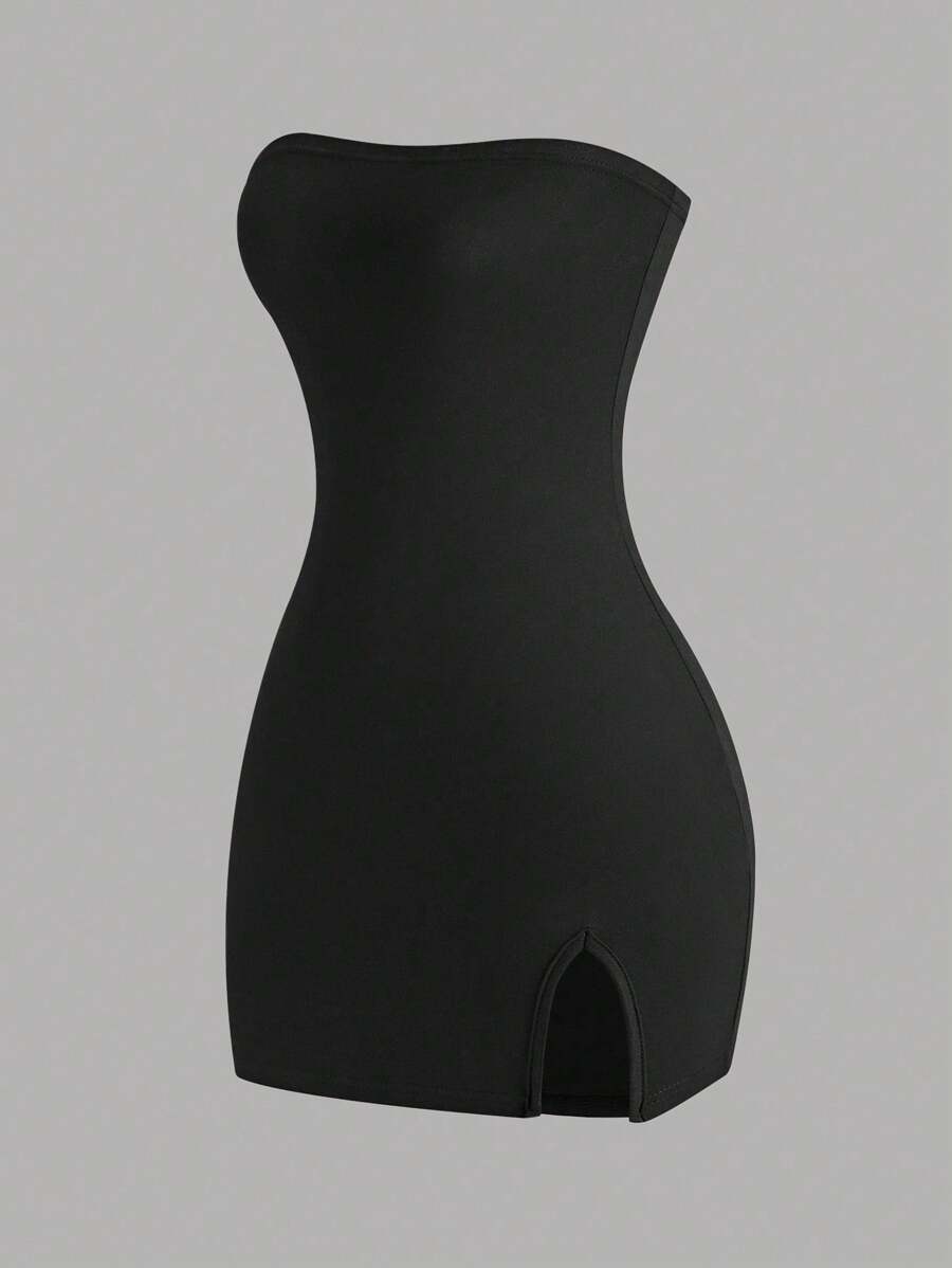 Sweetra Vestido negro sin tirantes para mujer, minivestido corto