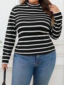 SHEIN CURVE+ Plus Size Women's French Striped Collar T-Shirt, Commuting, Minimalist, Office, Retro Style, Simple, Autumn Basic Layering Clothing