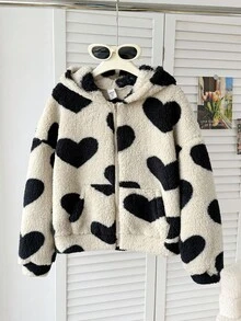 SHEIN Serisse Kids Kurtka z polaru dla dziewczynek w kształcie serca, z kapturem i zamkiem błyskawicznym, idealna na jesień/zimę, idealna na zewnątrz i do szkoły