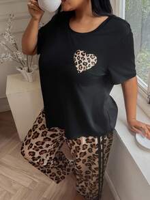 SHEIN Plus Size Leopard Print Contrast Patchwork Casual Sleepwear Set For Women, Outfits - Multicolor - View 3