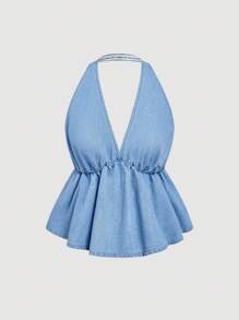 SHEIN MOD 女式性感露背挂脖牛仔衬衫，夏季 - 藍色 - 查看 1